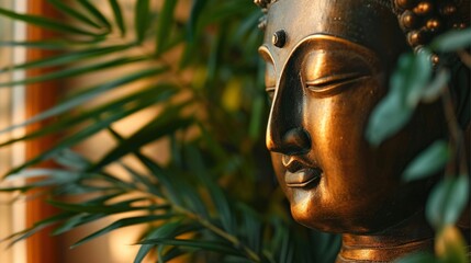 Obraz premium Close up of dull bronze buddha head statue among the leaves