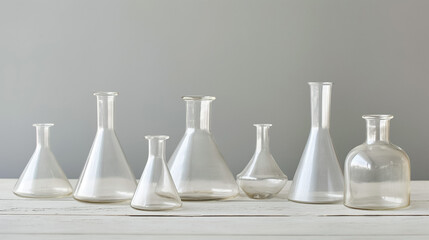 Empty, transparent glass flasks of various shapes and sizes, neatly arranged on a white wooden surface against a plain gray background, evoking a clean and minimalistic laboratory setting.