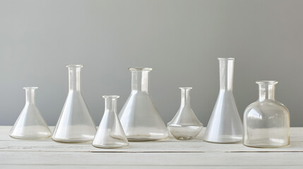 Empty, transparent glass flasks of various shapes and sizes, neatly arranged on a white wooden surface against a plain gray background, evoking a clean and minimalistic laboratory setting. - Powered by Adobe