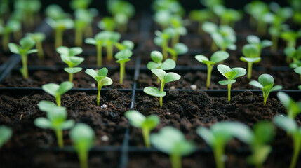 Young seedlings sprouting in rows in dark, rich soil, symbolizing growth and new beginnings, with a focus on the vibrant green leaves and healthy environment.