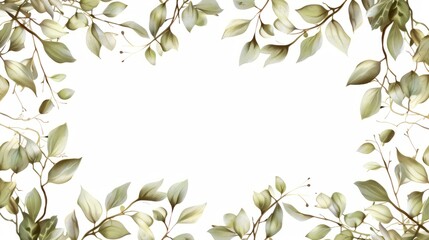 Green leaves border isolated on white background. Frame of branches and leaves