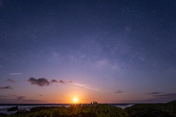 Moonrise Over the Sea with Milky Way，Stargazing in Honolulu, Oahu, Hawaii. May