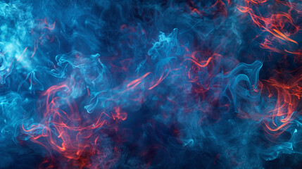 Neon red swirls through azure smoke for an electrifying performance backdrop,