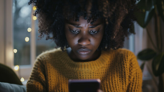 A young black woman looks at her cell or mobile with a look of concern, the victim of revenge porn, blackmail, hate crime or online fraud, 16:9 landscape format with copy space