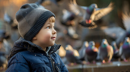 The boy feeds the pigeons in the square on a neutrally background ai generative