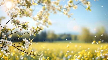 Obraz premium Spring background with a blurred view of blooming fields, trees, and a clear blue sky on a sunny day