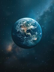 Obraz premium The Earth has a realistic geographic surface and a 3D cloud atmosphere with its orbit. View of the outer space of the world's planet Earth