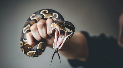 snake in the hands of a man. A snake attacks a man. The snake hisses and bites. Dangerous snakes