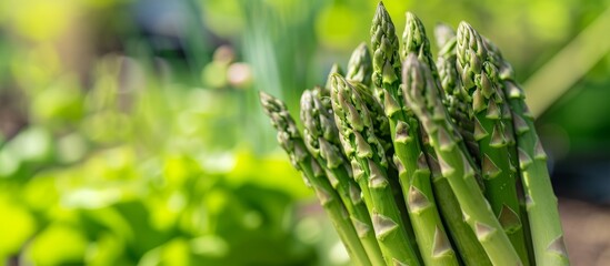 close up Growing asparagus harvest and producing vegetables cultivation. Concept of small eco green business organic farming gardening and healthy food	
