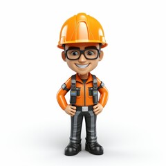 Fototapeta premium Cartoon engineer with glasses and orange safety gear isolated on white background