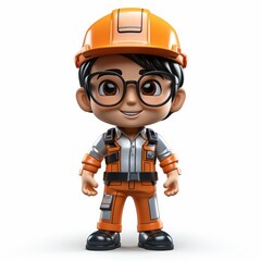 Fototapeta premium Cartoon engineer with glasses and orange safety gear isolated on white background