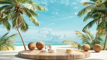 Obraz premium Emphasize the connection between summer and nature with a photo featuring a wooden podium displaying a variety of seasonal products, positioned against the backdrop.