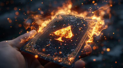 In the dark, a playing card named Ezpho bursts into flames, its black design adding to the intensity of the fiery display