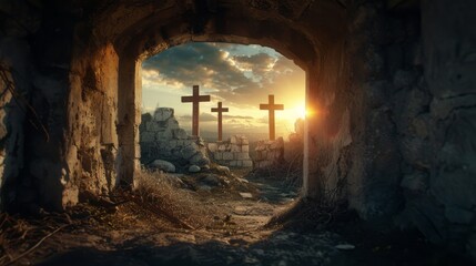 Three crosses stand outside empty church.