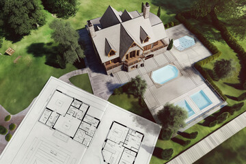 A house plan and a rendering of a house with a pool