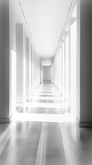 Fototapeta premium Long white corridor. White marble columns and walls inside building.