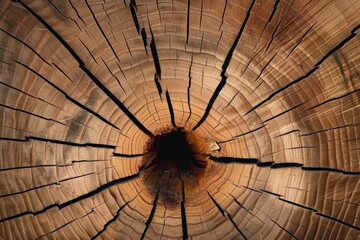 Fototapeta premium The cut surface of an old wooden oak tree with cracks and holes in the center of the wood
