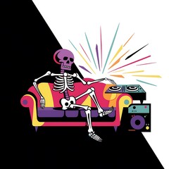 Skelett sitzt auf der Couch und hört Musik