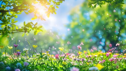 Blurred spring nature scene with a blooming glade, vibrant trees, and a bright blue sky