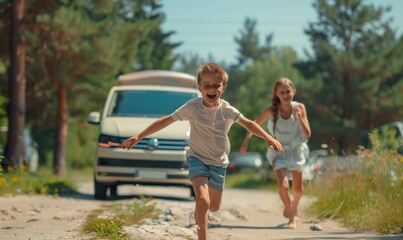 Happy family running toward the camera on a sandy forest path during sunset