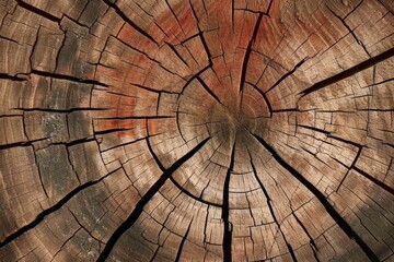 Cut surface of old wooden oak tree with cracks