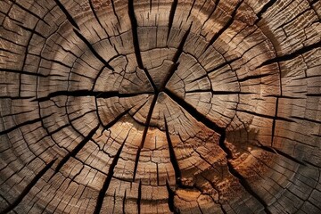 Cut surface of old wooden oak tree with cracks