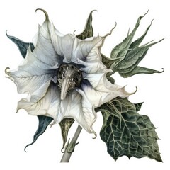 Naklejka premium A delicate white flower with lush green leaves beautifully captured in a drawing