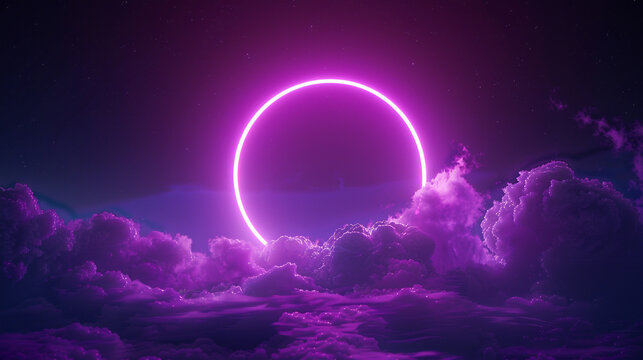 Abstract cloud-dark sky lit by a lavender neon ring, rendered in 3D,