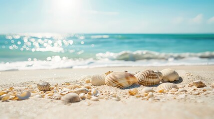 Obraz premium Highlight the natural beauty of coastal landscapes with an image showcasing an empty sand beach strewn with shells, set against the serene backdrop of a summer sea.