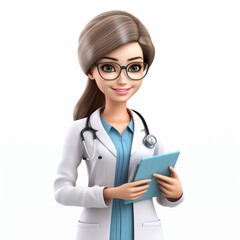 Cartoon woman doctor with glasses and tablet isolated on white background