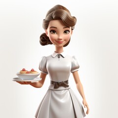 Cartoon waitress holding a tray with food isolated on white background