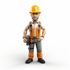 Cartoon construction worker in safety gear isolated on white background