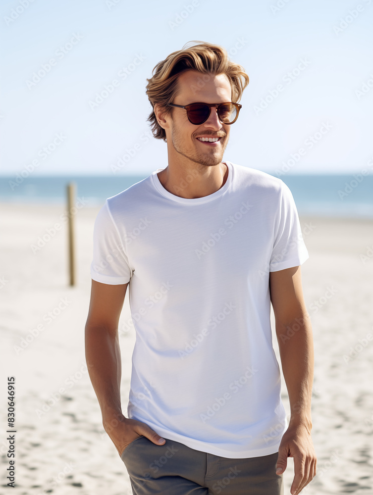 Sticker Young man, guy, male blank white t-shirt tee t shirt mockup mock-up, mock up at beach ocean etsy gildan 