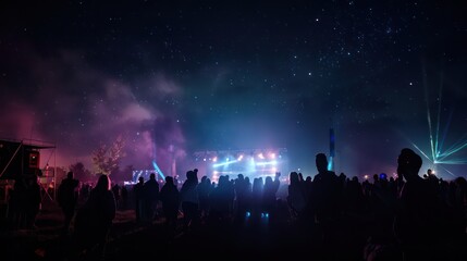 Showcase the magic of live performances under the stars with an image featuring a crowd silhouetted against the night sky, their spirits lifted by the pulsating rhythms of electro music.