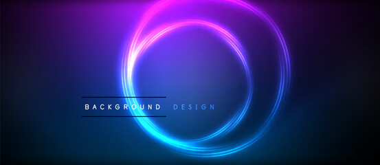 Neon glowing circle rays, light round lines in the dark, planet style neon wave lines. Energetic electric concept design for wallpaper, banner, background