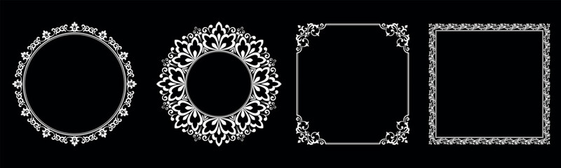 Set of decorative frames Elegant vector element for design in Eastern style, place for text. Floral black and white borders. Lace illustration for invitations and greeting cards.