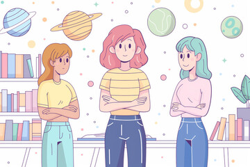 Three women standing with crossed arms in a colorful illustration of a room with planets, stars, and bookshelves in the background.