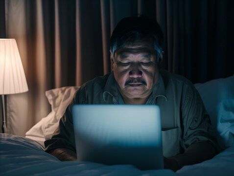 Adult Asian man with beard using laptop computer, while sitting on bed in room alone at night. - Powered by Adobe