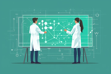 Scientists in lab coats analyze data on a futuristic digital board, depicting concepts of technology, innovation, and scientific research.