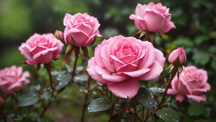 A pink rose is in the foreground
