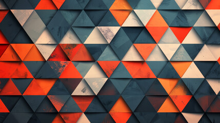 Abstract geometric pattern with triangles in orange and blue, creating a textured, repetitive design