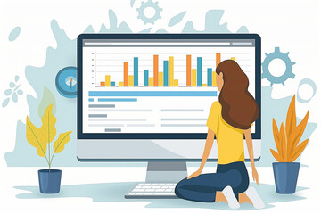 Woman analyzing data on computer screen with charts and graphs, surrounded by plants and gears, representing productivity.