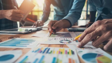 Fototapeta premium Data-driven marketing strategy for startups: Collaboration is key. Startup team analyzes data to fuel strategic marketing decisions.