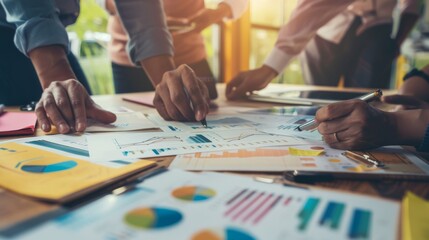 Fototapeta premium Data-driven marketing strategy for startups: Collaboration is key. Startup team analyzes data to fuel strategic marketing decisions.