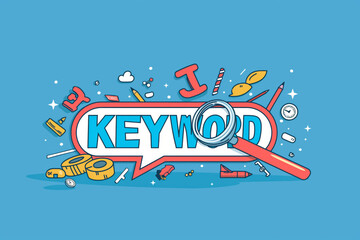 Illustration of 'Keyword' text with various icons symbolizing SEO and digital marketing on a blue background. Magnifying glass, tools, and objects.