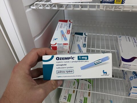 Prague,Czech republic- May 22 2024: Ozempic box. Czech version of ozempic medication. Diabetes treatment in Czech republic. Package of semaglutide. Diabetes drug.Sometimes abused for weight loss	