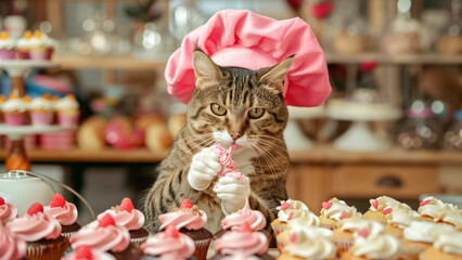 Tabby cat in a chef's hat decorating cupcakes in a bakery setting.