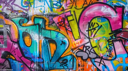 Obraz premium Street art mural full frame, vibrant colors, graffiti and text mix. Artistic expression through street art, bold colors and typography.