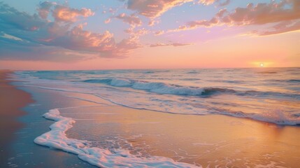 A secluded beach at sunset, with gentle waves lapping at the shore and vibrant orange and pink hues painting the sky.