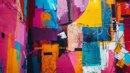 Fototapeta premium Street art mural full frame, vibrant colors, graffiti and text mix. Artistic expression through street art, bold colors and typography.